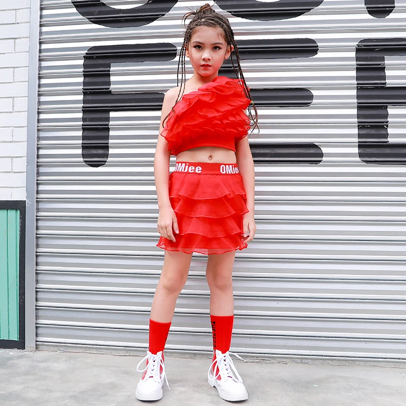 

Jazz Costumes Girls Hip Hop Stage Outfit Children Red Cheerleading Clothes Modern Dancing Performance Street Dancewear