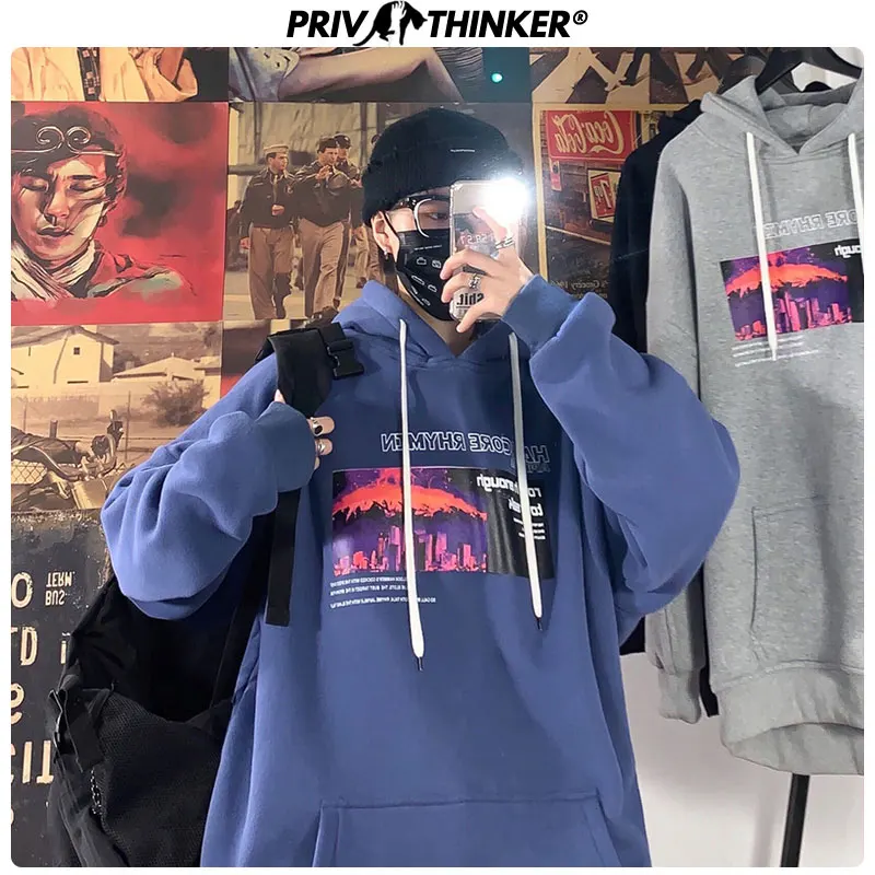 Privathinker Женская Осенняя уличная одежда с принтом свободные топы толстые теплые карманы толстовки японская женская мешковатая Толстовка