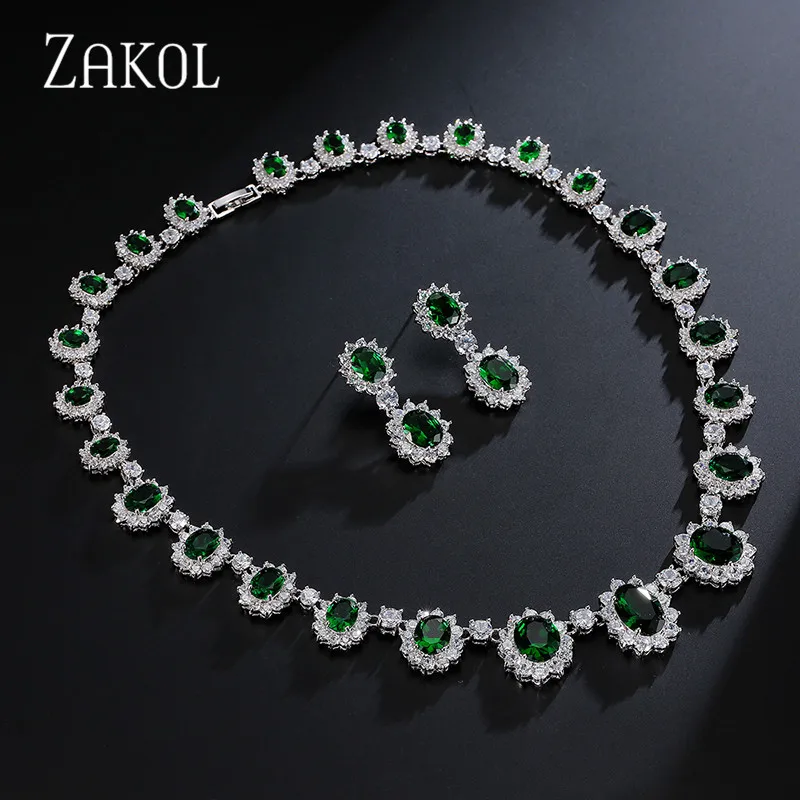 Green Изысканный Овальный набор ювелирных изделий ZAKOL из голубого циркония с микро инкрустацией с роскошным белым цветом для подружки невесты ювелирные изделия FSSP018 - Окраска металла: Green