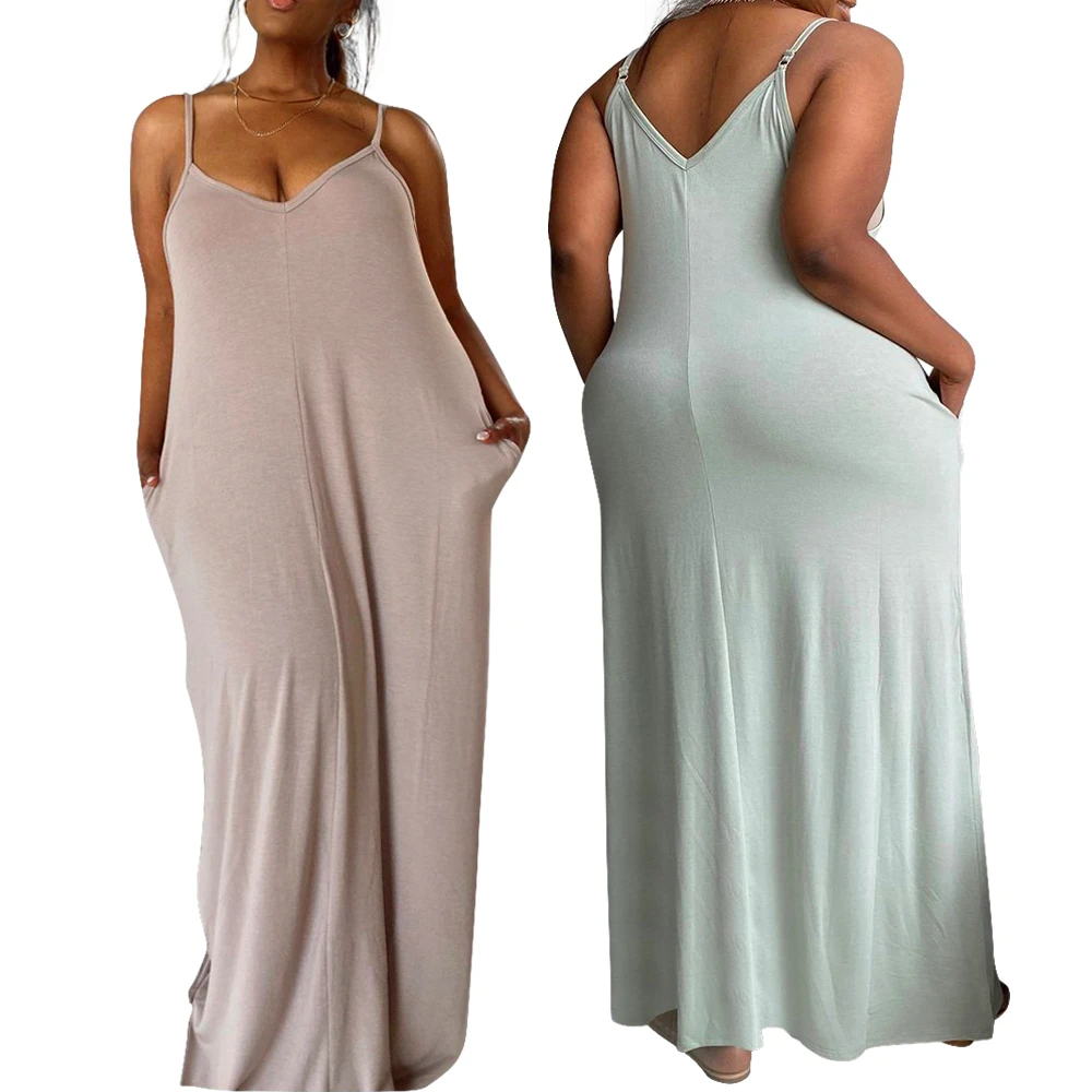 

Cy1492 2021 European and American summer new solid color sexy V-neck sling loose large women's dress spot supply and wholesale