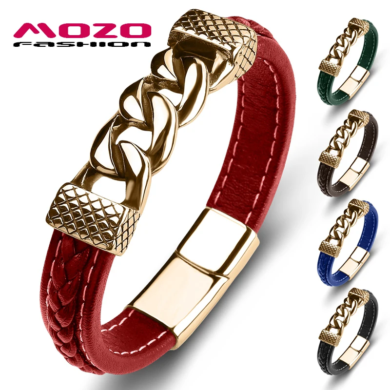 

New Classic Female and Male Bracelet Genuine Leather Stainless Steel Charm Bangle High Quality Unisex Fashion Jewelry Red