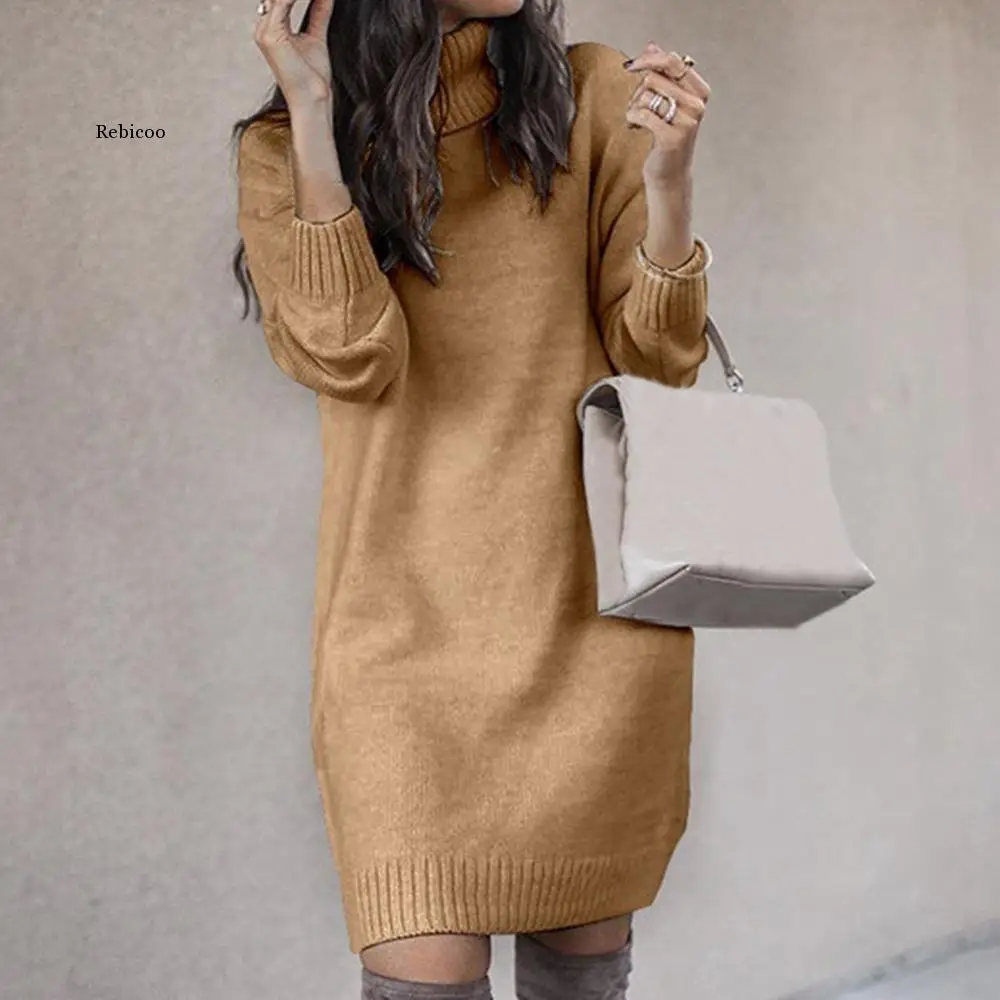 

Turtleneck Long Sleeve Sweater Dress Women Autumn Winter Loose Tunic Knitted Pullovers Sweater Female Casual Solid Knit Dresses