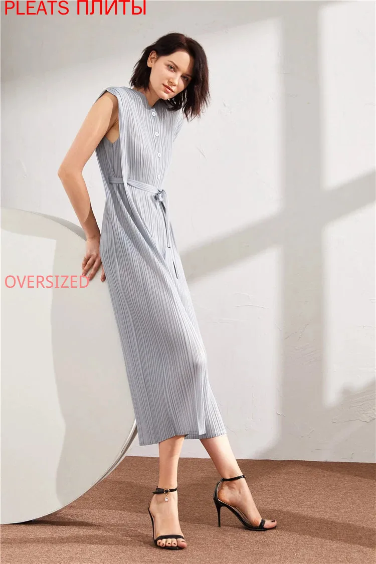 Miyake Folds Sleeveless Slimming Lace-up Temperament Breathable Casual Simple All-match Jumpsuit Women PLEATS Bodysuit Combinais