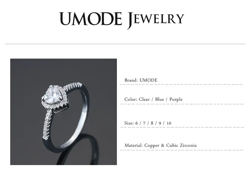 UMODE подлинные трендовые кольца с камнями в форме сердца для женщин и девочек, роскошные брендовые Свадебные Кольца для девушек, ювелирные изделия для помолвки, подарок UR0598