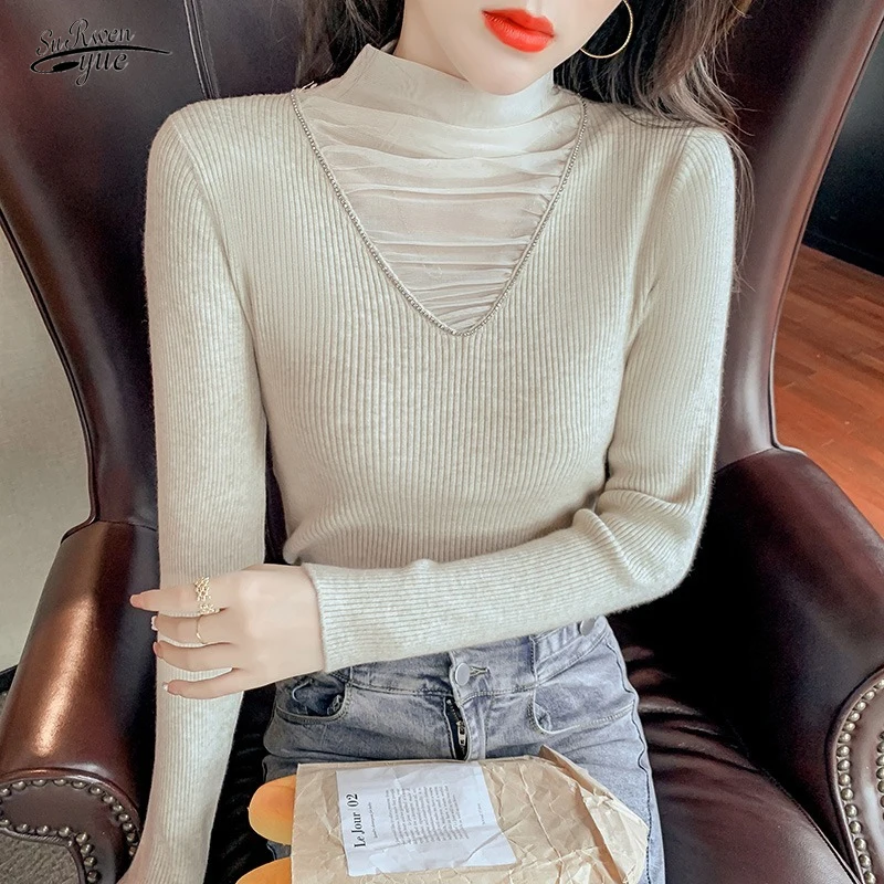 

Autumn Slim-fit Mesh Stitching Inner Sweater Long-sleeved Elegant Elastic Bottoming Shirt Drill High-neck Wool Knitted Top 16512