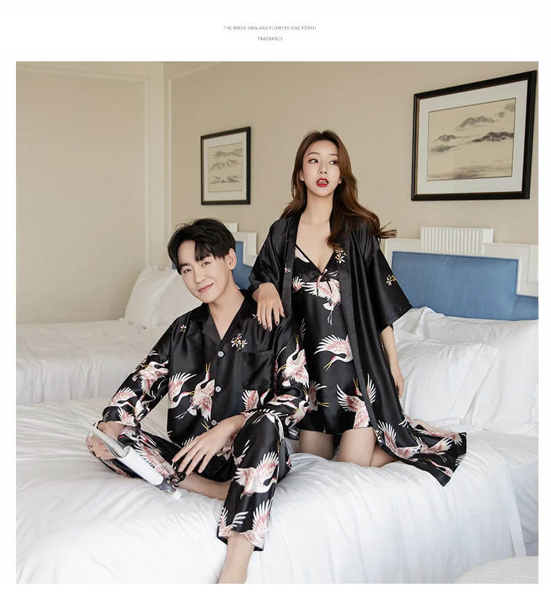Sanderala Sexy Women & Man Pajamas Sets Print Crane Sleepwear Pajamas Casual Homewear Family Couple Nightwear