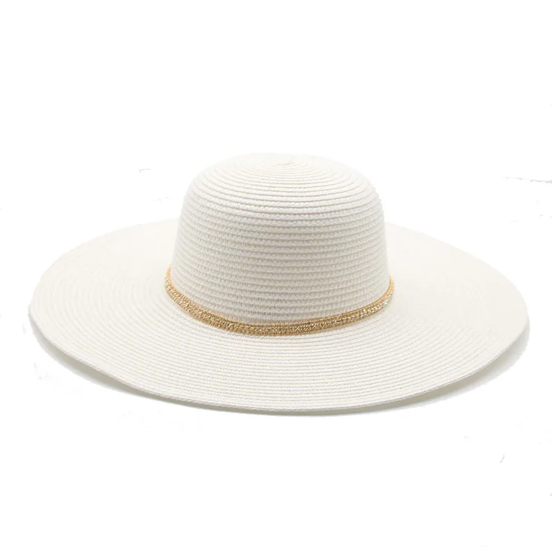 

straw hats summer women men big brim round top big brim summer hats white black chain band casual outdoor beach women sun hats
