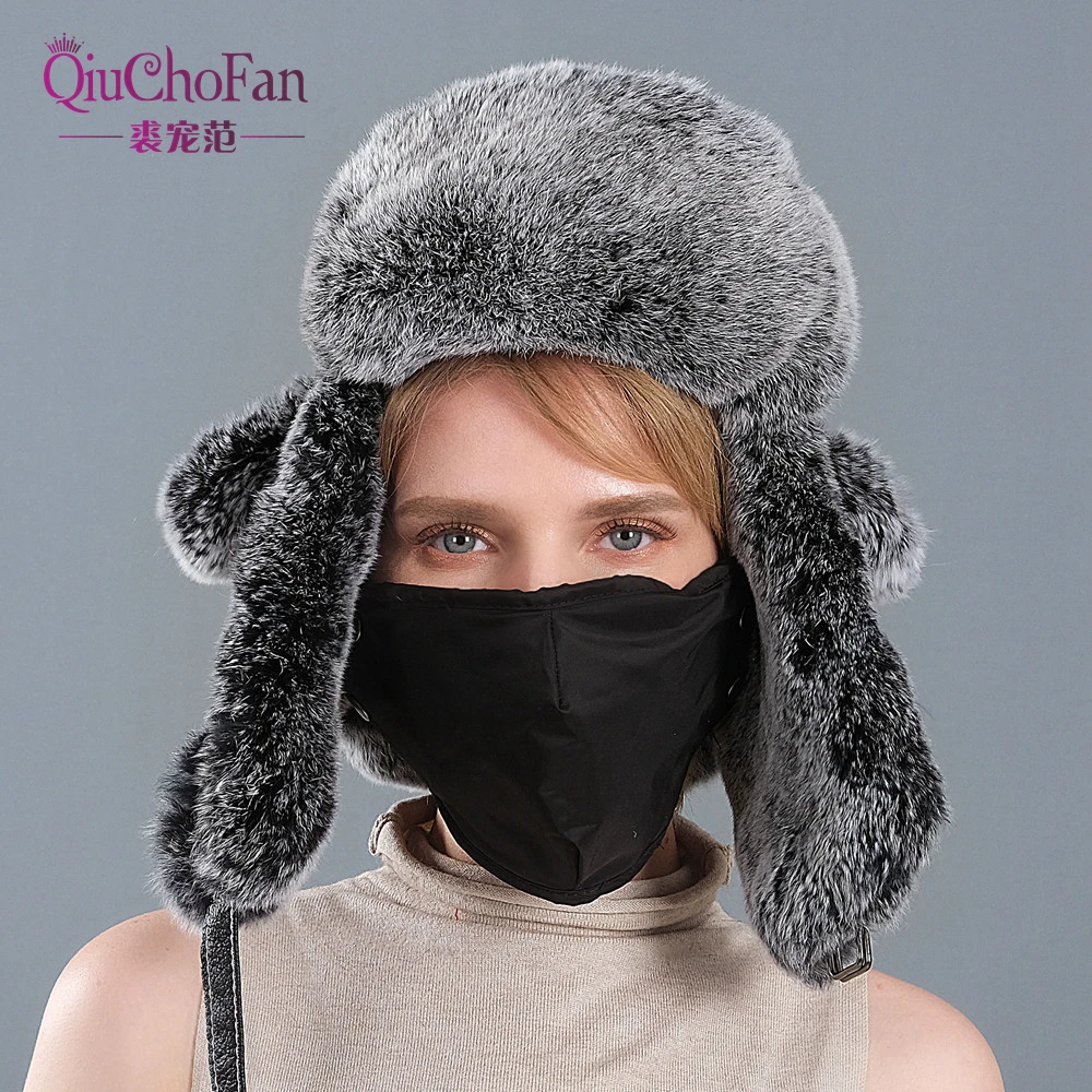 2020 Winter Ski Hat Russian Hat Men Women Warm Earmuffs Thicken Ear-flapped Hat Rex Rabbit  Fur Lei Feng Cap Bonnet