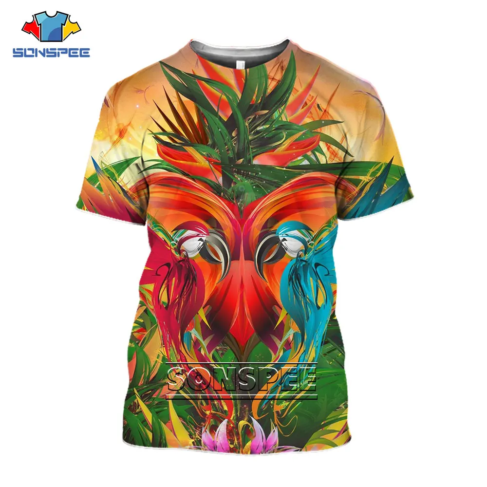 

SONSPEE Parrot Animal T Shirts Summer New Men Women Flower 3D Print Patchwork Cool Street Fashion Sports Harajuku Casual T-shirt