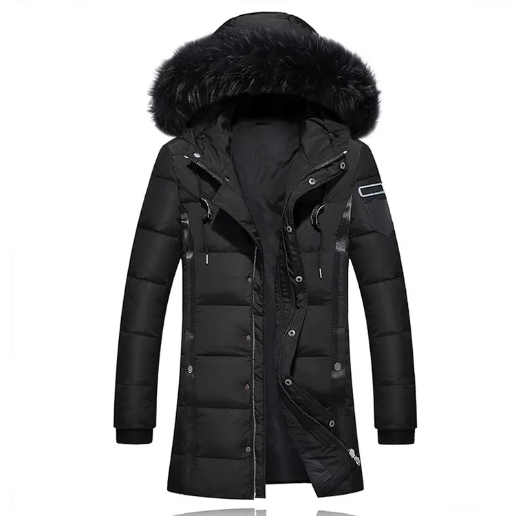 

Юношеский и увлеченный мужской пуховик в длинную секцию из плотной белой утки с меховым воротником с капюшоном мужской одежды