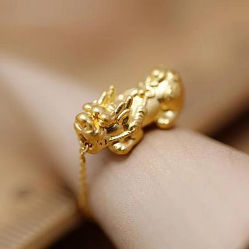Кольцо из чистого твердого 24 К желтого золота для женщин 3D Luck Pixiu+ O Chain мягкое кольцо US6-8