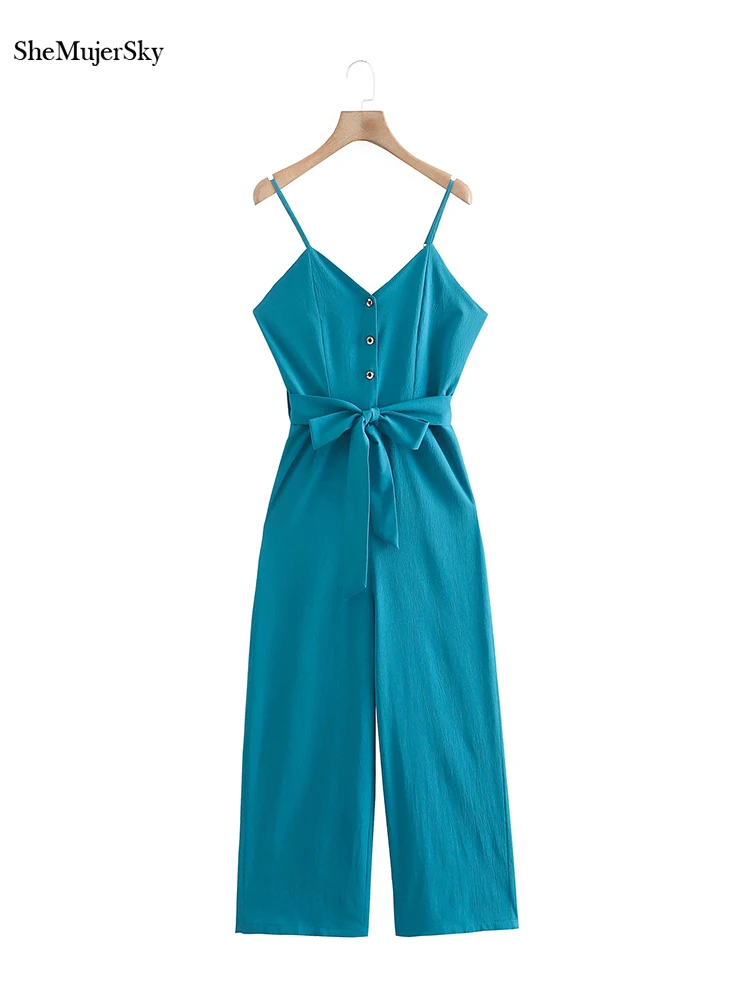 

SheMujerSky Summer Spaghetti Strap Jumpsuit Women V-neck Buttons Solid Color Jumpsuits With Sahses 2022