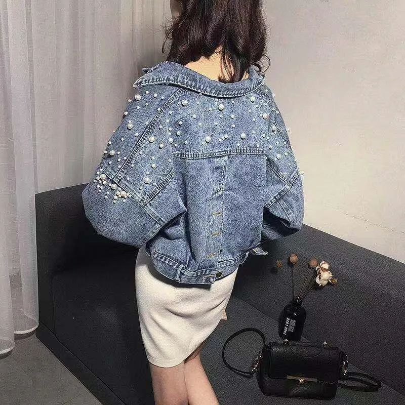 Модная Повседневная джинсовая куртка свободная короткая с жемчугом рукав