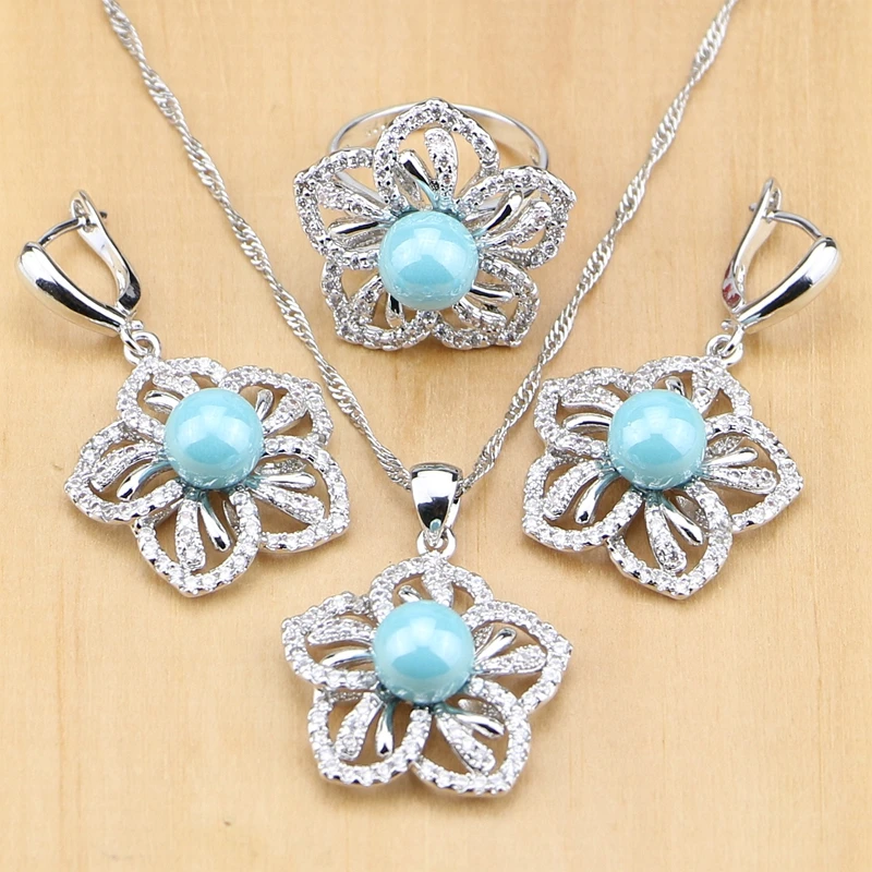 Цветок 925 Серебряные комплекты ювелирных изделий синий имитация жемчуга с бусины