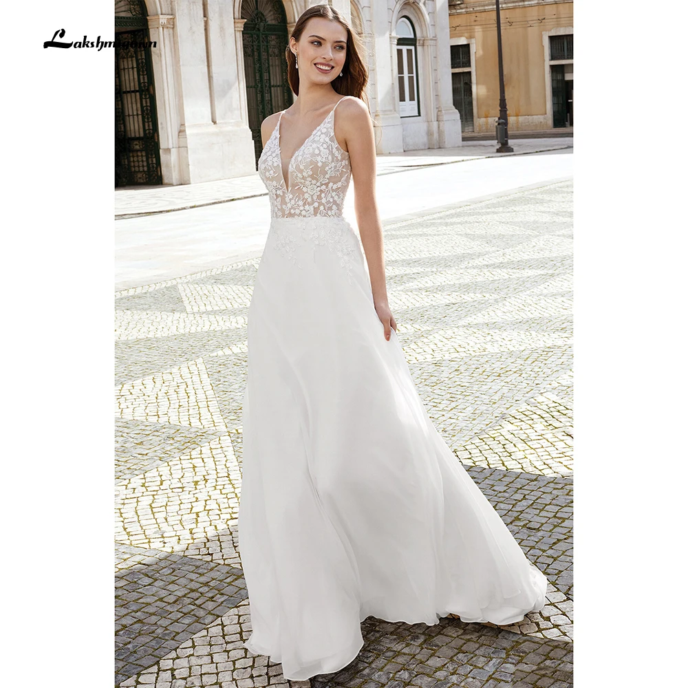 

Белое шифоновое свадебное платье на бретелях-спагетти с открытой спиной, длинные пляжные свадебные платья с аппликацией, лето 2021, женское п...