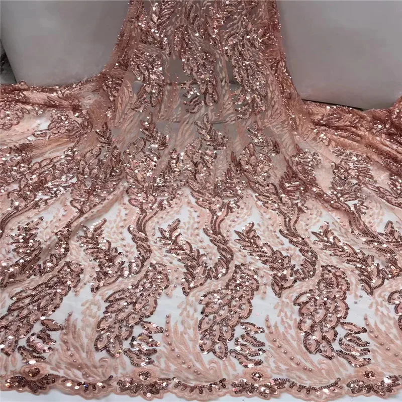 Madison Nigerian Lace Fabric 2019 High Quality Sequin Navy blue Embroidered Tulle African Pink 5Yards | Дом и сад