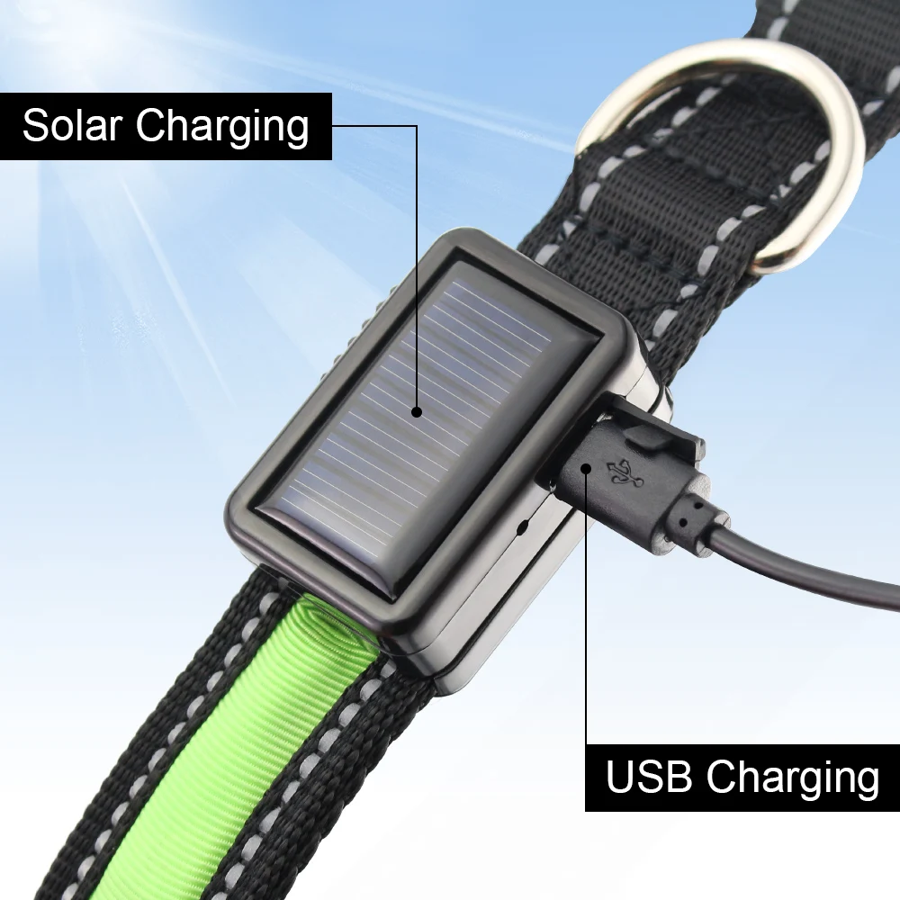 Солнечный и USB Перезаряжаемый светодиодный собачий ошейник нейлоновый