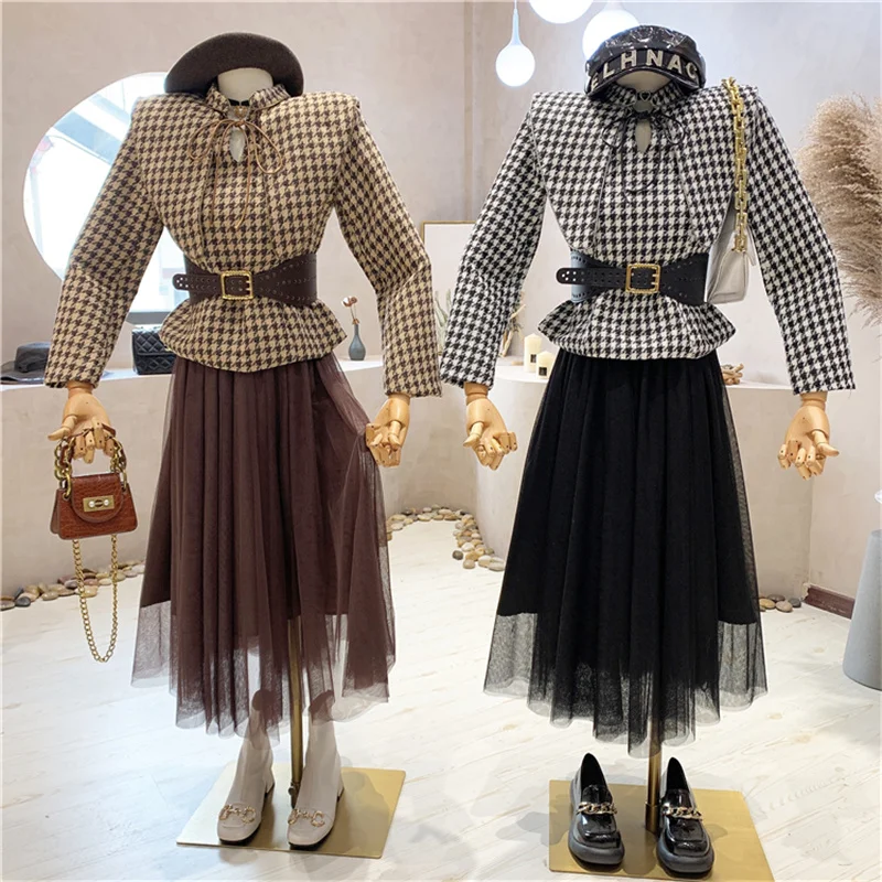 

Новая женская одежда, осень 2021, твидовый пиджак + сетчатая юбка, костюм из двух предметов