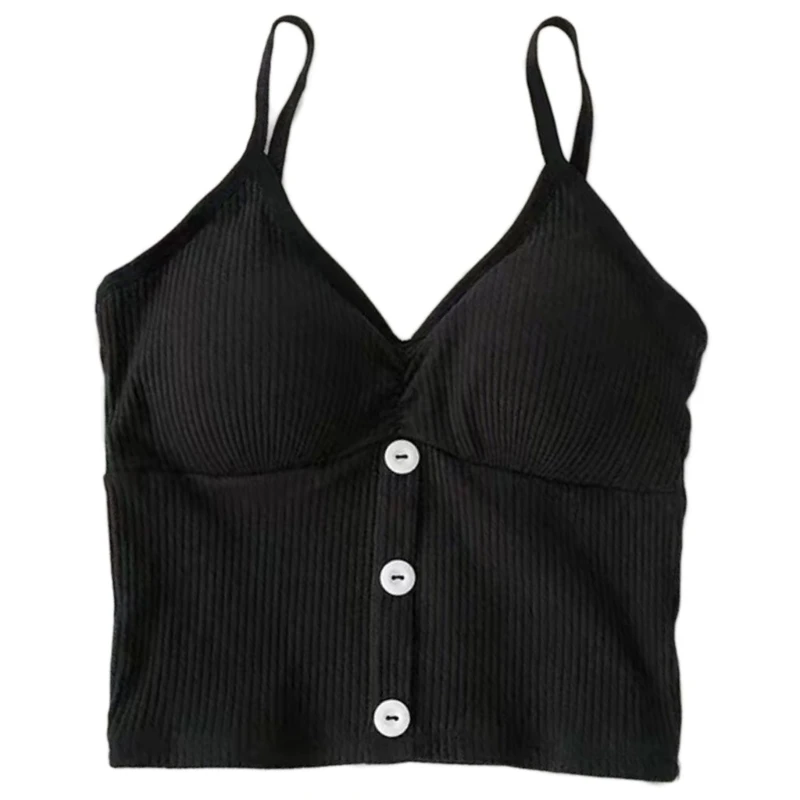 

Women Sexy V Neck Ribbed Knit Strappy Bralette Buttons Front Padded Camisole Bra