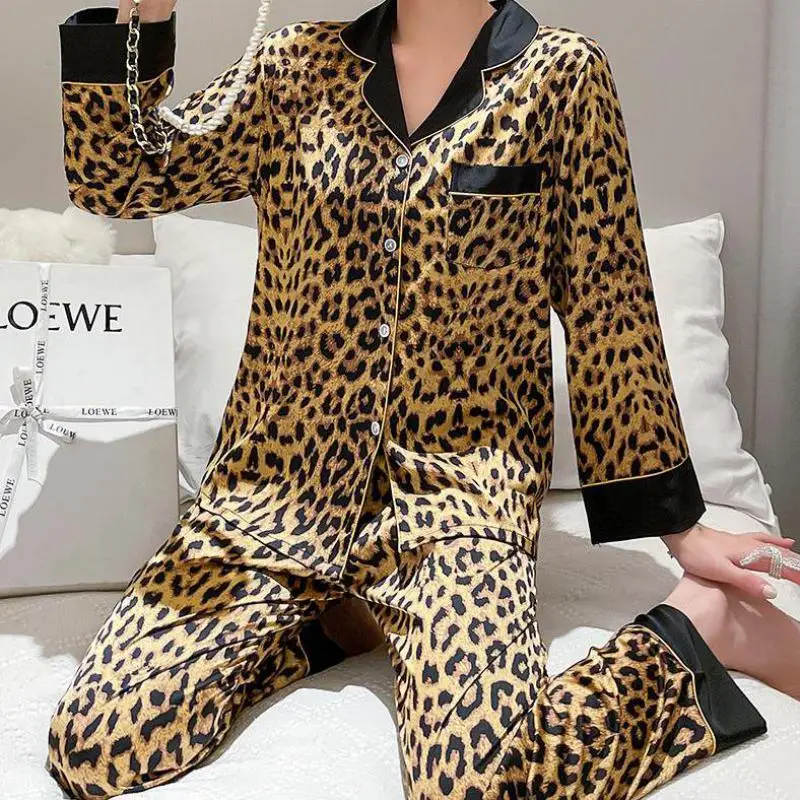 

Leopard Lapel Nightwear Summer Women Sleepwear 2PCS Pajamas Suit With Buttons Sexy Loungewear Home Clothes Printed Lingerie