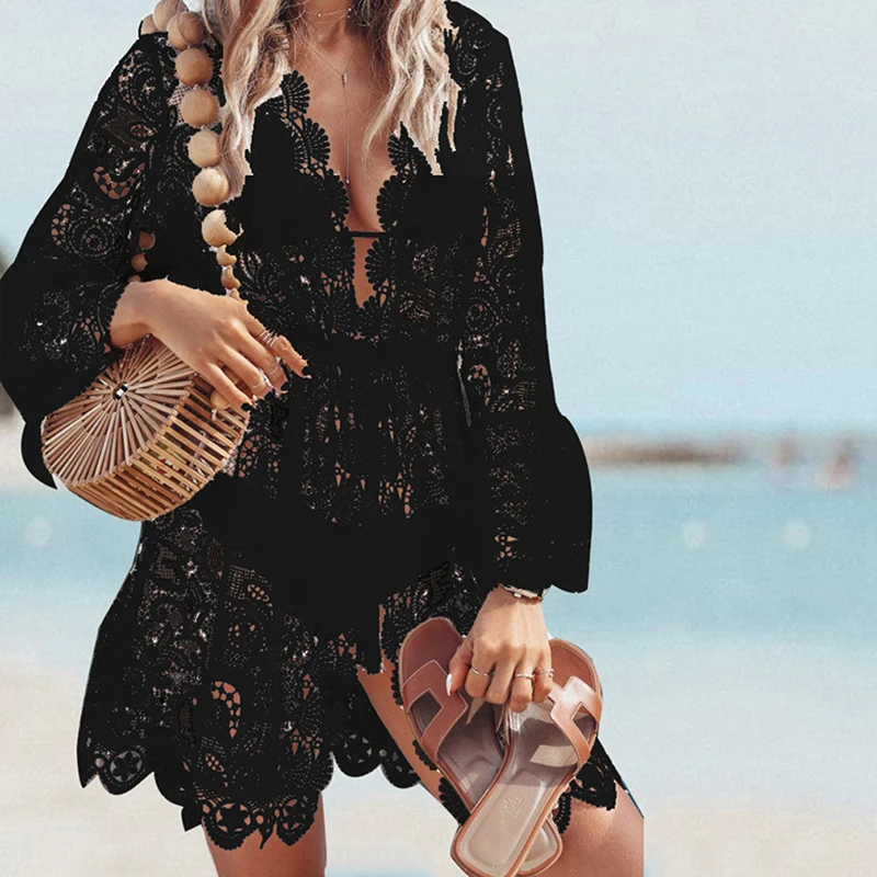 

2021 New Summer Women Bikini Cover Up Floral Lace Hollow Crochet Swimsuit Cover-Ups Bathing Suit Beachwear Tunic Beach Dress Hot