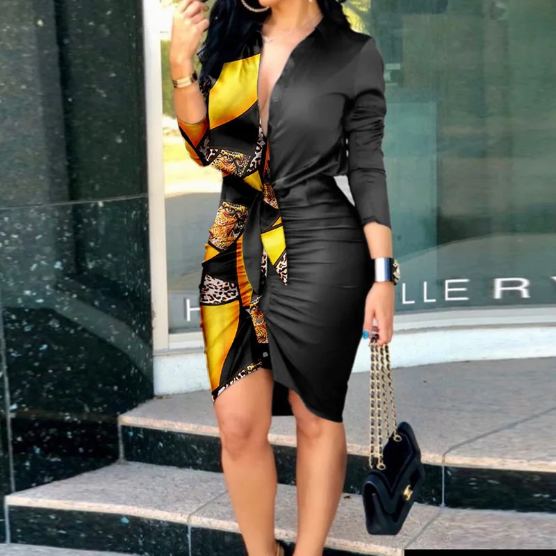 

Sexy Deep V-neck Lace-up Dress Women Long Sleeve Midi Dress Pleated Irregular Slim Shirt Dress Elegant Fashion Party Dress 2021