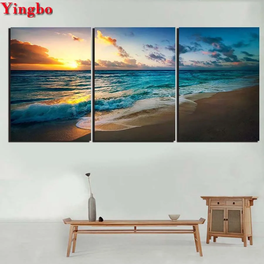 

5D DIY Diamond Painting 3 Pieces Sea Ocean Sunrise View Rhinestones Embroidery Diamond mosaic Cross Stitch for living room decor