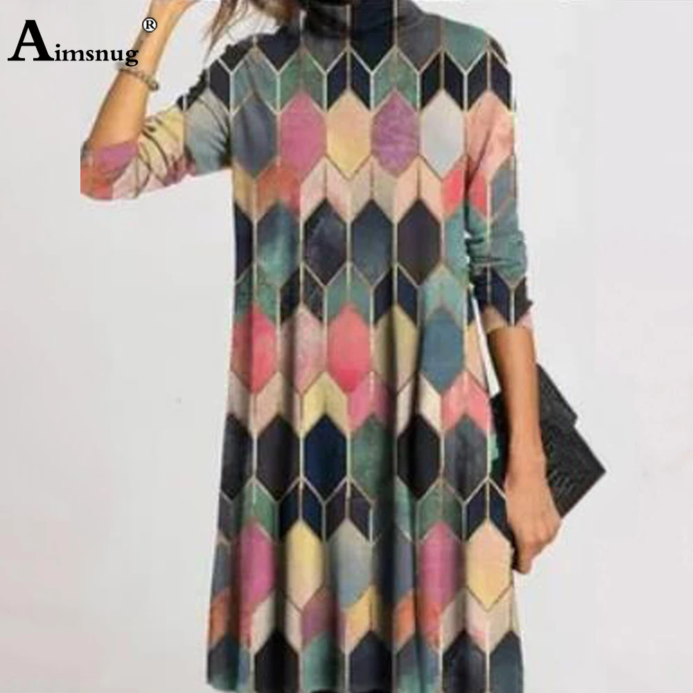 

Plus size 3xl Women Elegant Knee-Length Dress Turtleneck Flower Print Party Dresses Vintage 2021 Spring Autumn Femme Loose Dress