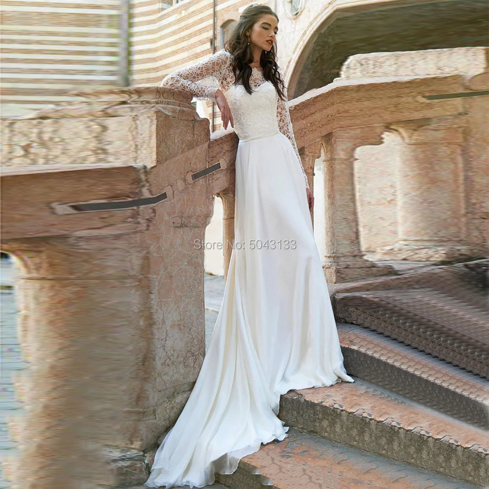 

Chic Lace Applique Bateau Neckline A Line Chiffon Wedding Dresses Sexy High Slit Long Sleeves Sweep Train Beach Bride Dress 2021