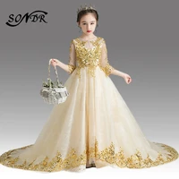 champagne flower girl dress for weddings ht074 elegant o neck long floral dresses shining sequin girls ball gowns 2020