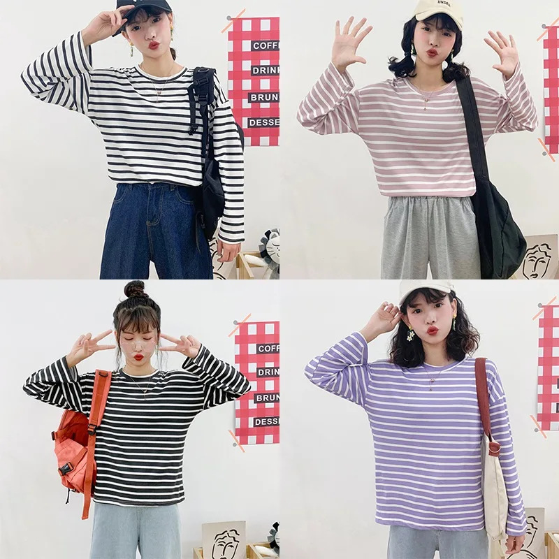 

Korean Tshirts Simple Striped Tee Top Round Neck Loose T Shirt Casual All-Match Long-Sleeved Camiseta Saco 2XL B