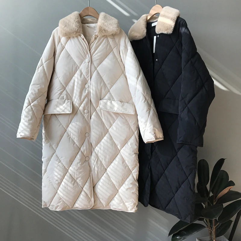 

Nice Furry Turn Down Collar Long Sleeve Winter Cotton Down Long Coat Women Hots Single Button Women Coat Casaco Feminino