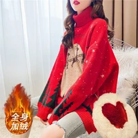 fleece turtleneck sweater women s thickened pullover autumn and winter korean style red christmas deer loose and lazy style