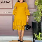 VONDA элегантное женское платье с круглым вырезом, расклешенные рукава, женское кружевное Плиссированное Платье, мешковатый вечерние ний сарафан с подкладкой, большие размеры