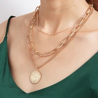 3 pcsset bohemian gold color coin necklace for women vintage multilayer portrait pendant necklaces chain choker jewelry