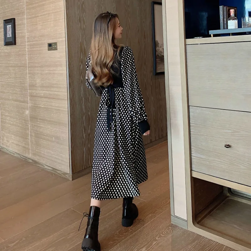 

FOR Long Sleeve Dresses Women Aesthetic V-Neck Empire Spring Fake Two Pieces Elegant Vintage Patchwork French Style Mid-Calf