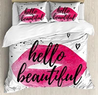 hello duvet cover set lip shape in vibrant watercolor with a phrase of love printed over with hearts decorative 3 piece beddi