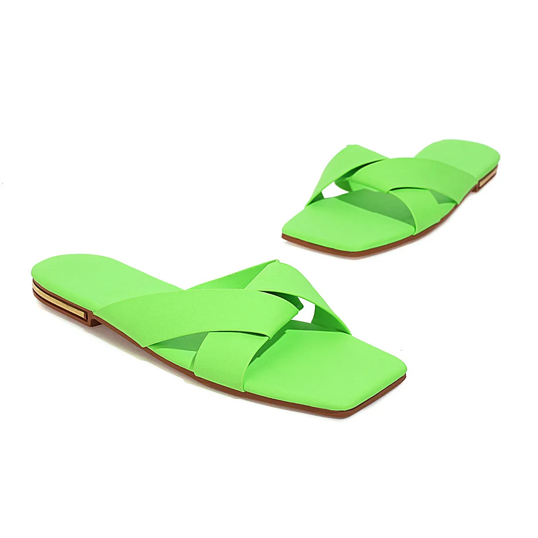 

Shoes Woman 2021 Square Toe Big Size Female Slippers Beige Heeled Sandals New Soft Flat Black Summer Casual Slides Fabric Solid