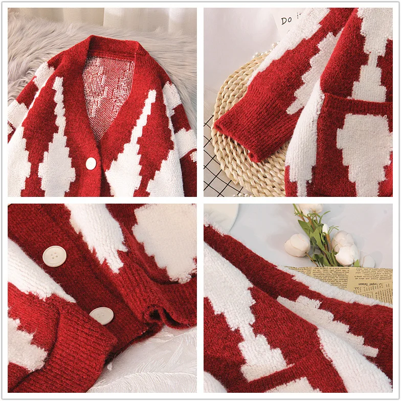 

New Christmas Sweater Women's Cardigans Autumn Winter Plaid Long Sleeve Loose Sweater Oversize Harajuku V-Neck Casual Knitwear