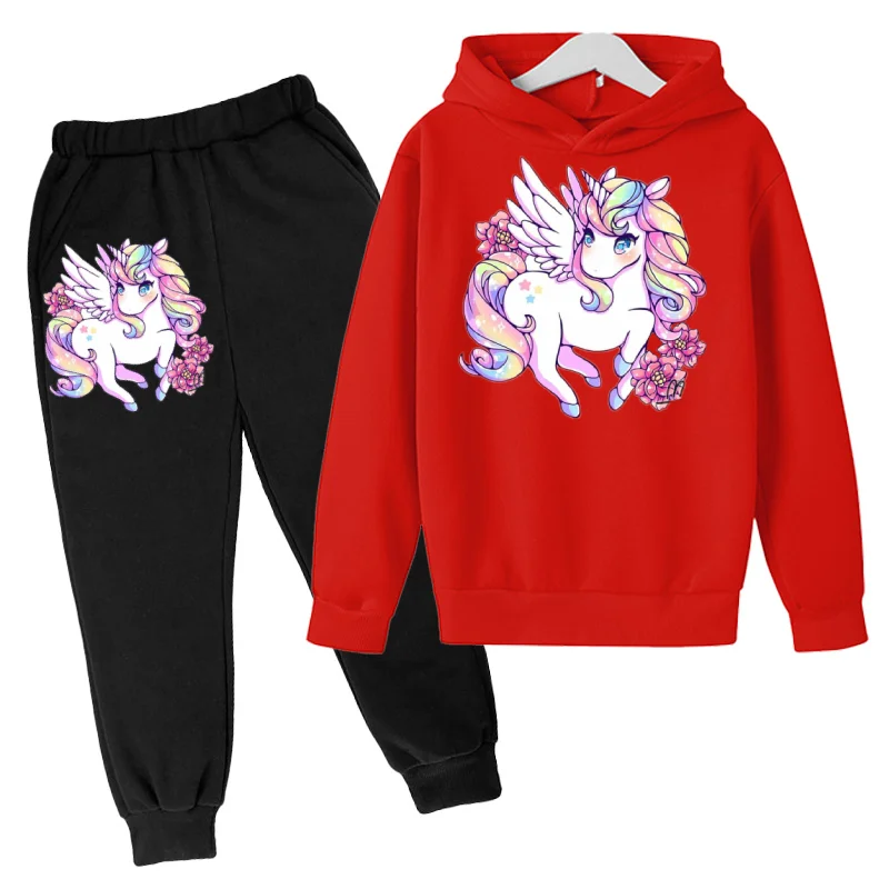 

Unicorn Pink For Girls Movement Hoodie Suit Cotton Kids Top+Pant 2P Children Clothing Spring Autumn Keep Warm Teens Boys Clothes
