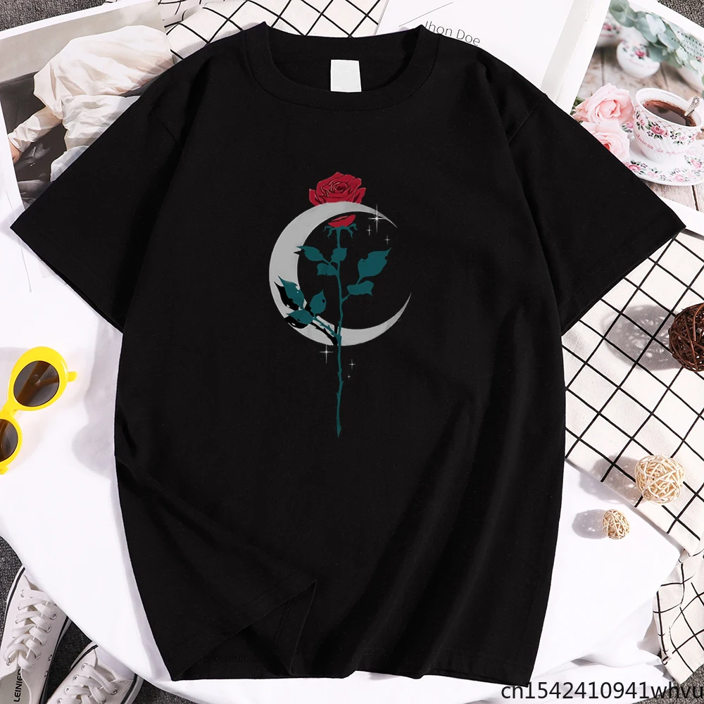 

Rose Flower with Moon Prints Women T Shirts Hip Hop Cute Breathable Tops Vogue Crewneck