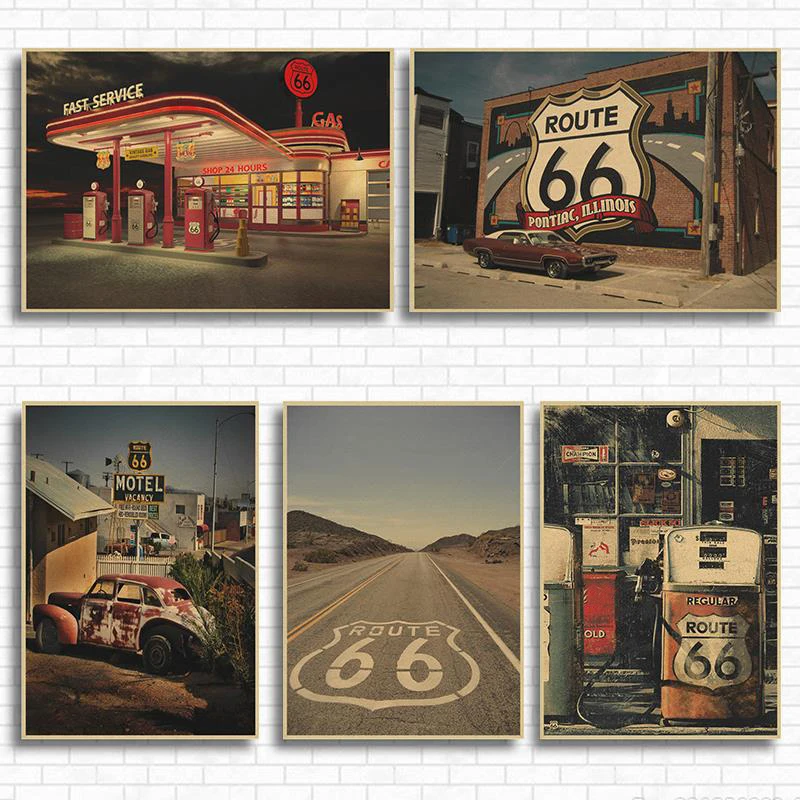АЗС на Route 66 из США крафт бумага классический постер кафе гостиная столовая