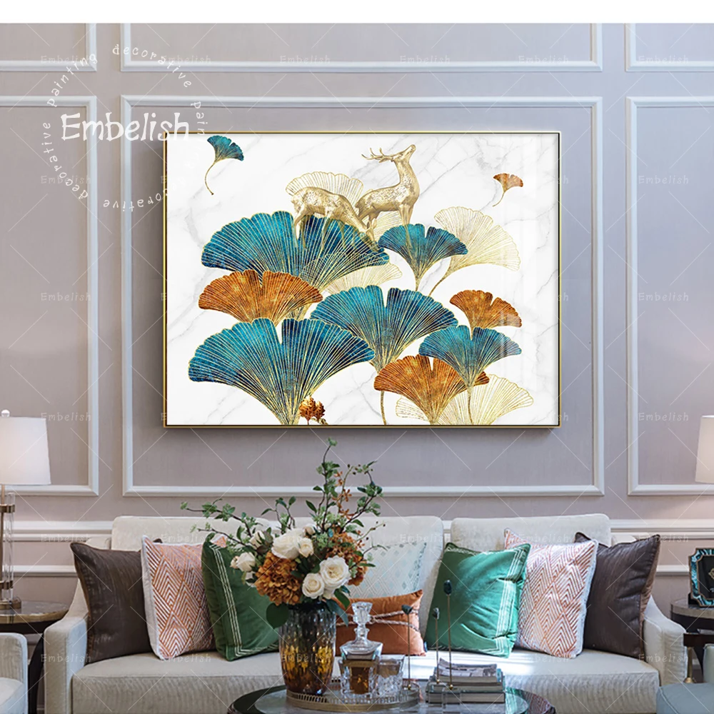 

Embelish Blue And Golden Leaf Abstract Deer Wall Art Pictures For Living Room Artwork Home Decor HD Spray Canvas Painting Poster