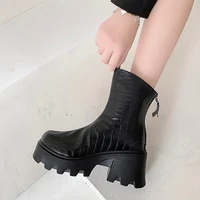 women heels autumn platform shoes zip soft leather lady footwear ankle boots thick bottom sole solid black 2021 botas de mujer