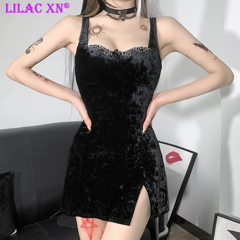 

Vintage Sexy Black Velvet Mini Dresses for Women Elegent Sleeveless Slit Party Dresses Y2K Gothic Slim Corcet Summer Dress 2021