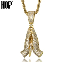 hip hop bling iced out praying hands cubic zirconia necklaces pendants for men jewelry with tennis chain