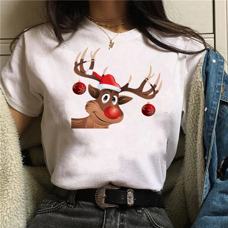 

New Women t Shirt Deer Printed Christmas Shirts T-Shirt White Suitable All Seasons Tshirt Tops Clothing