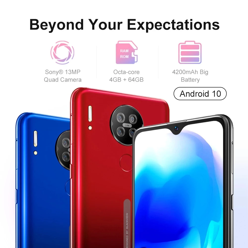 Blackview A80s Smartphone 4GB + 64GB 6.217'' Face ID Android 10 Cellphone 13MP Quad Rear Camera 4G LTE 4200mAh Mobile Phone