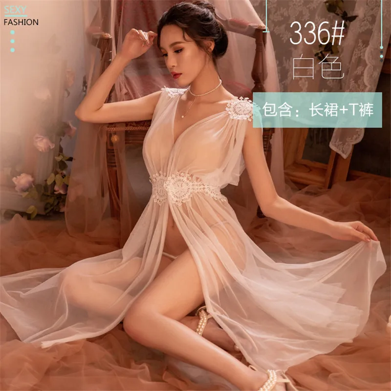 

Women Nightwear 5colors High Quality Sexy Lingerie Net Gauze Lace Embroidery Sheer Long Night Dress Nightgowns Sleepshirts