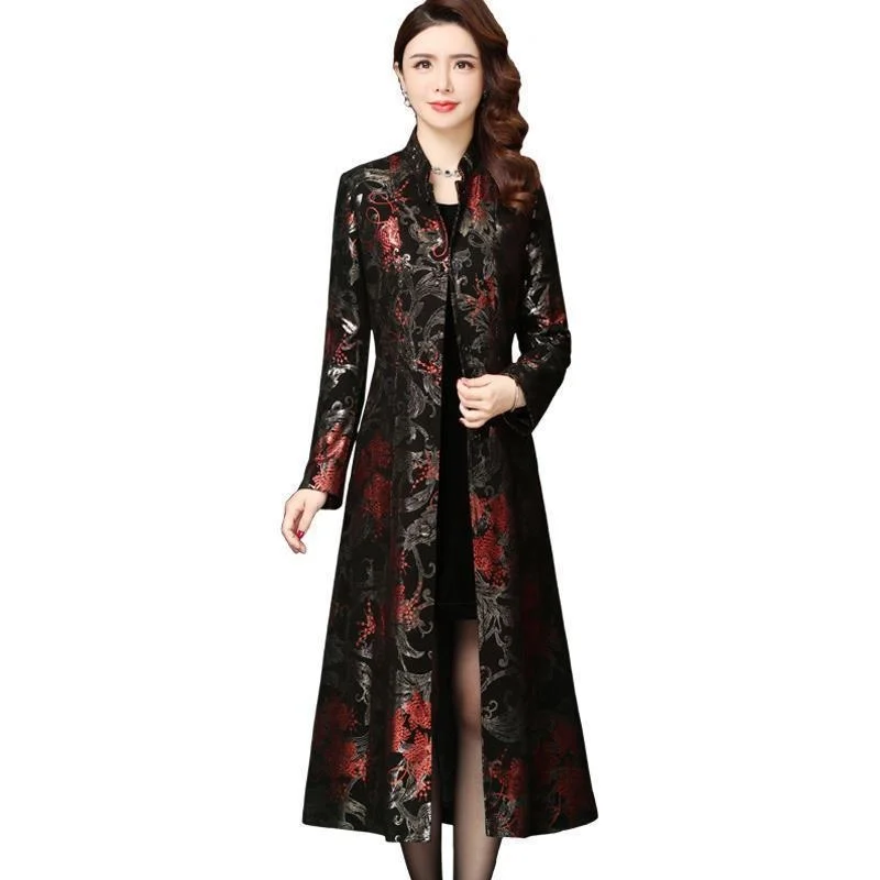 

Women Trench Coat Casual Women's Vintage Long Outerwear Slim Overcoat Spring Autumn Fashion Floral Printed Windbreaker Femme